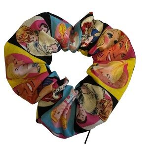 Vintage Barbie zipper hair scrunchie hand made USA collage cotton rare print